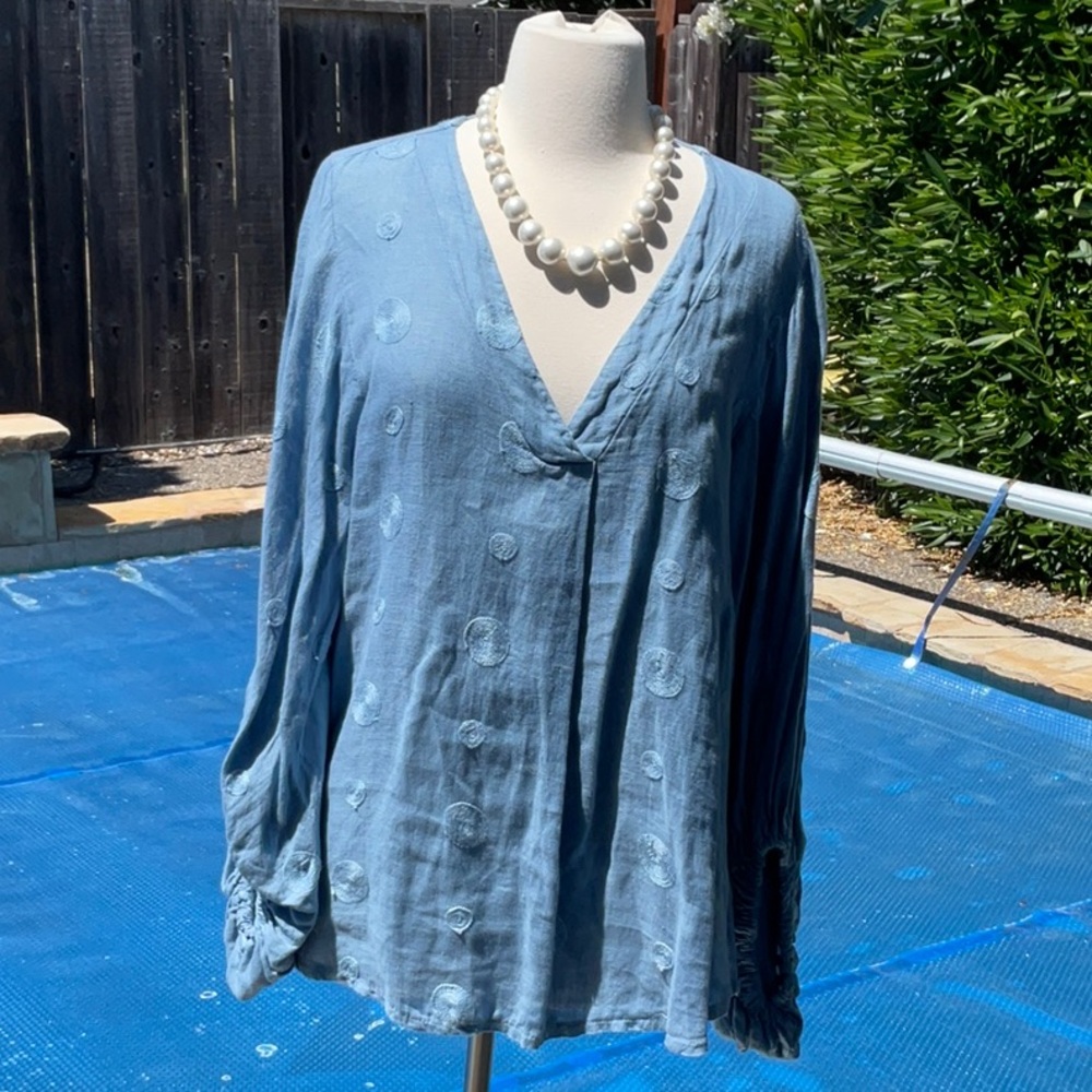 Relaxed Blue Long Sleeve Linen Blouse